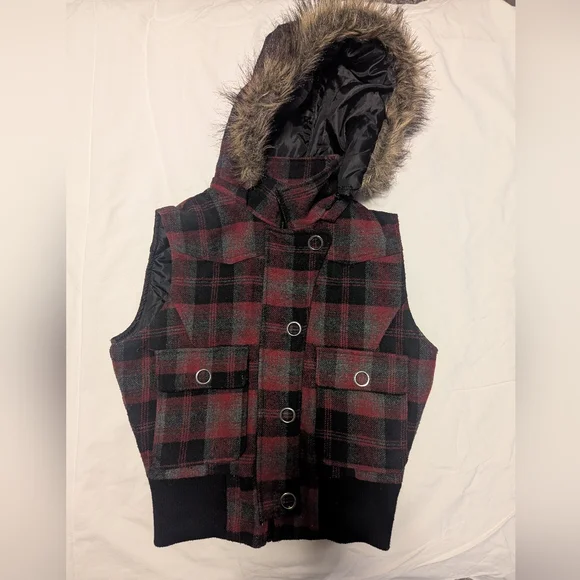Plaid Hooded Vest with Faux Fur Trim - Picture 1 of 3